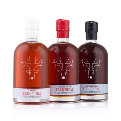 Escuminac Canadian Maple Syrup, Pure & Organic, Extra Rare Amber, Great Harvest Medium and Late Harvest Dark Robust, 3 x 500 ml Bottles