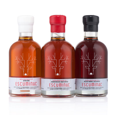 Escuminac Canadian Maple Syrup, Pure & Organic, Extra Rare Amber, Great Harvest Medium and Late Harvest Dark Robust, 3 x 200 ml Bottles.